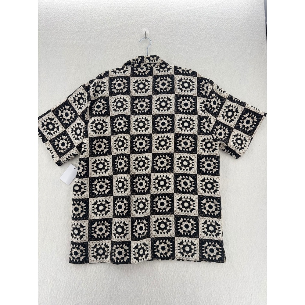 Malibu - Button Down Shirt Linen Look Geometric Tile - Black/Natural - L - Mens - Picture 2 of 10